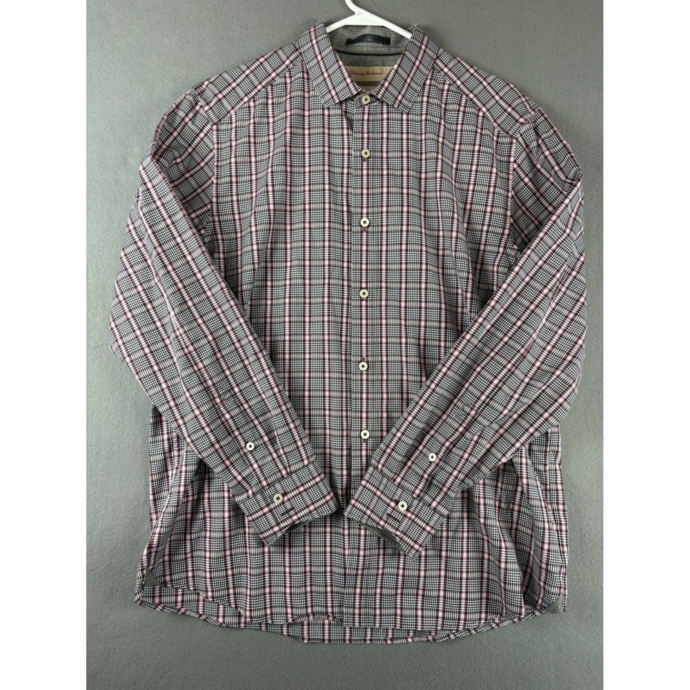 Tommy Bahama Island Modern Fit Plaid Shirt Mens Large Grey Pink Cotton L/S